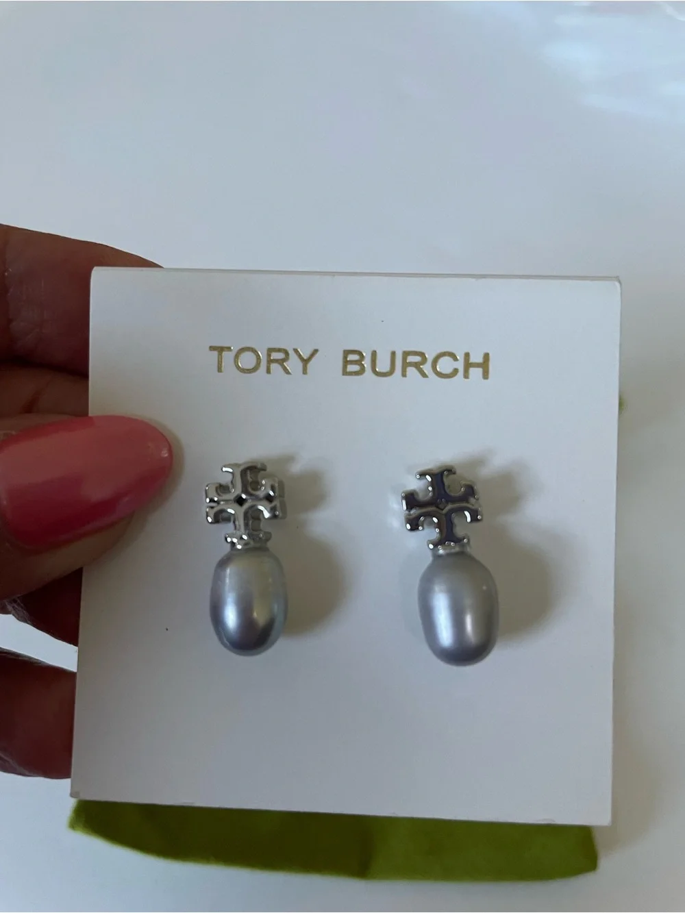 Tory Burch Silver Logo Earrings with Gray Pearl Drops